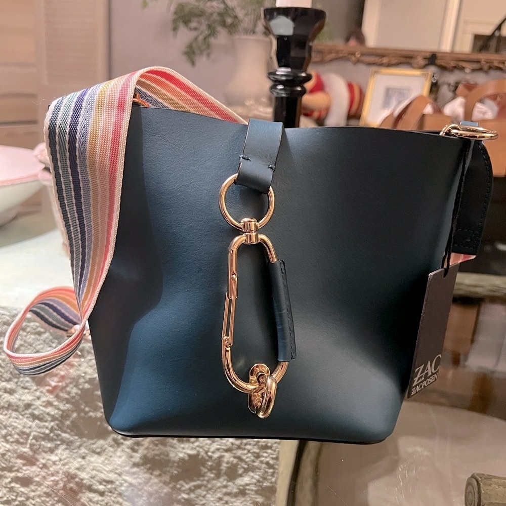 ZAC Zac Posen Teal Blue Bucket Bag with Colorful Striped Strap